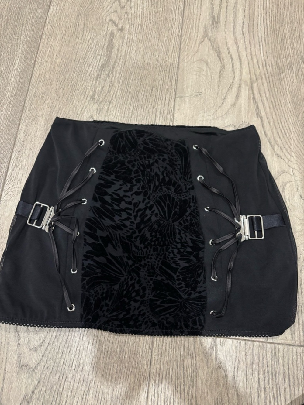 Black Velvet Panel Lace-Up Mini Skirt